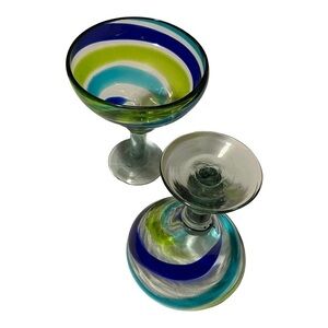 HAND blown chunky margarita glasses clear/blue turquoise lime swirl 7” tall.